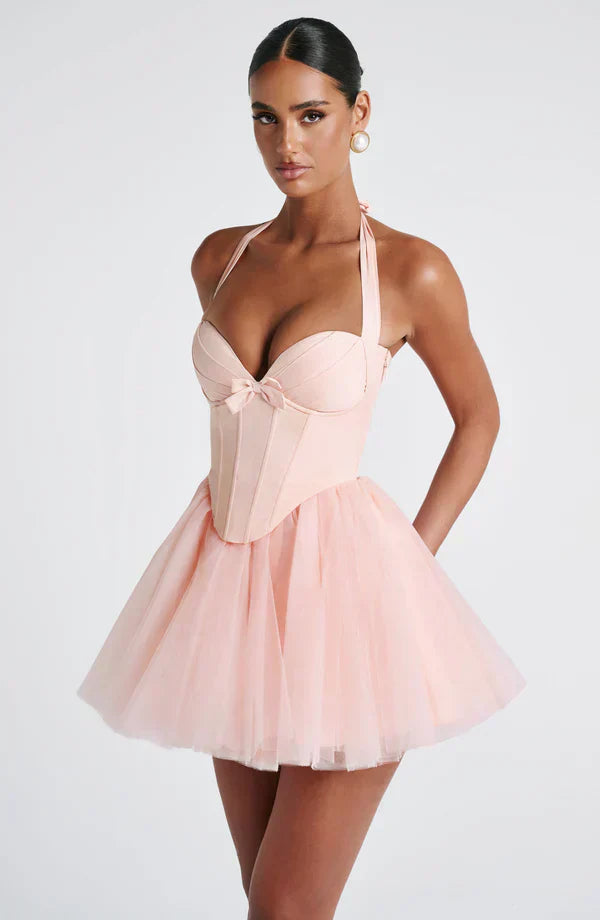 Pink Mini Dress with Corset Bodice and Tulle Skirt
