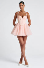 Pink Mini Dress with Corset Bodice and Tulle Skirt