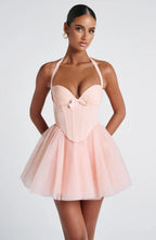 Pink Mini Dress with Corset Bodice and Tulle Skirt