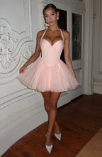 Pink Mini Dress with Corset Bodice and Tulle Skirt