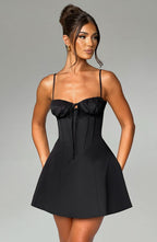 Black Mini Dress with Ruched Corset Bodice