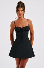 Black Mini Dress with Ruched Corset Bodice