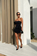 Black One Shoulder Mini Dress with Flounce Hem