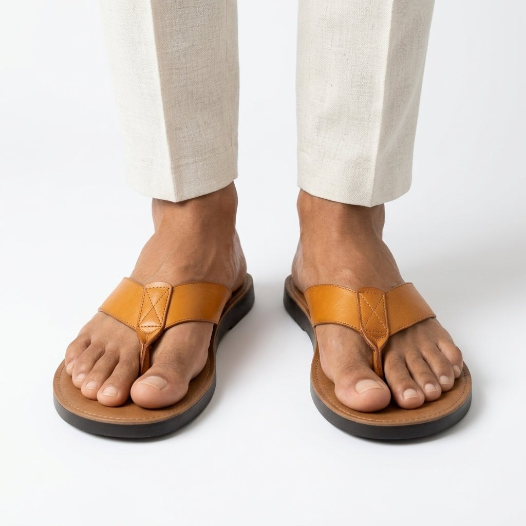 Men's Leather Toe-Post Sandals with Cushioned Sole