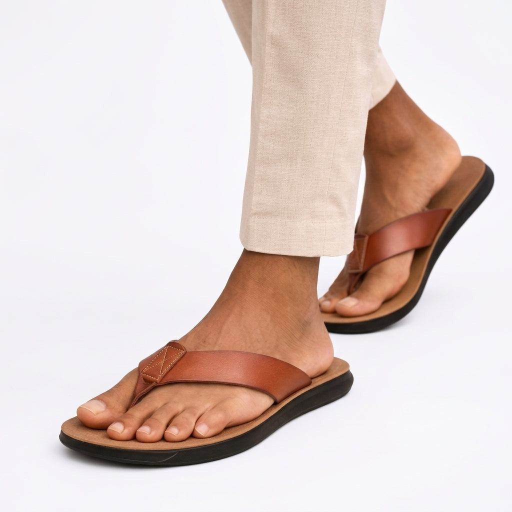 Men's Leather Toe-Post Sandals with Cushioned Sole