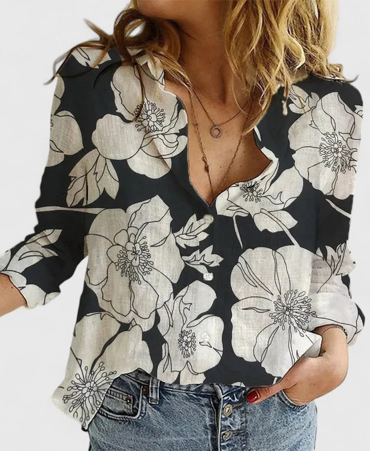 Women's Linen Button-Down Shirt with Lapel Collar
