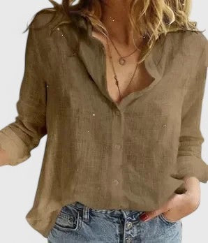 Women's Linen Button-Down Shirt with Lapel Collar