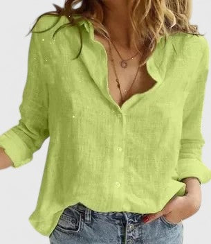 Women's Linen Button-Down Shirt with Lapel Collar