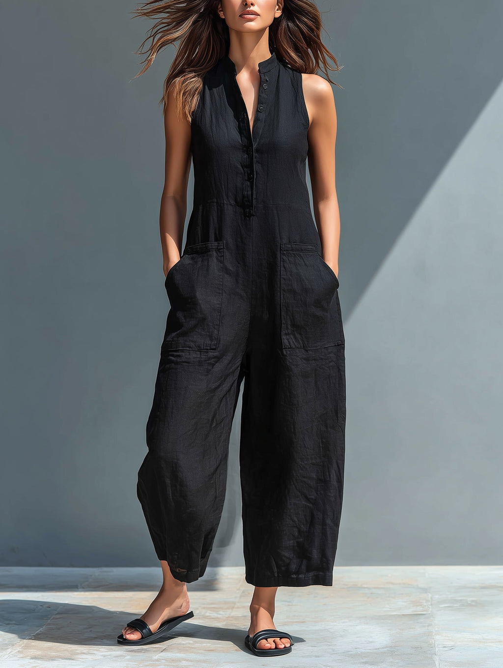 Women's Sleeveless Linen Jumpsuit with Band Collar
