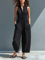 Women's Sleeveless Linen Jumpsuit with Band Collar