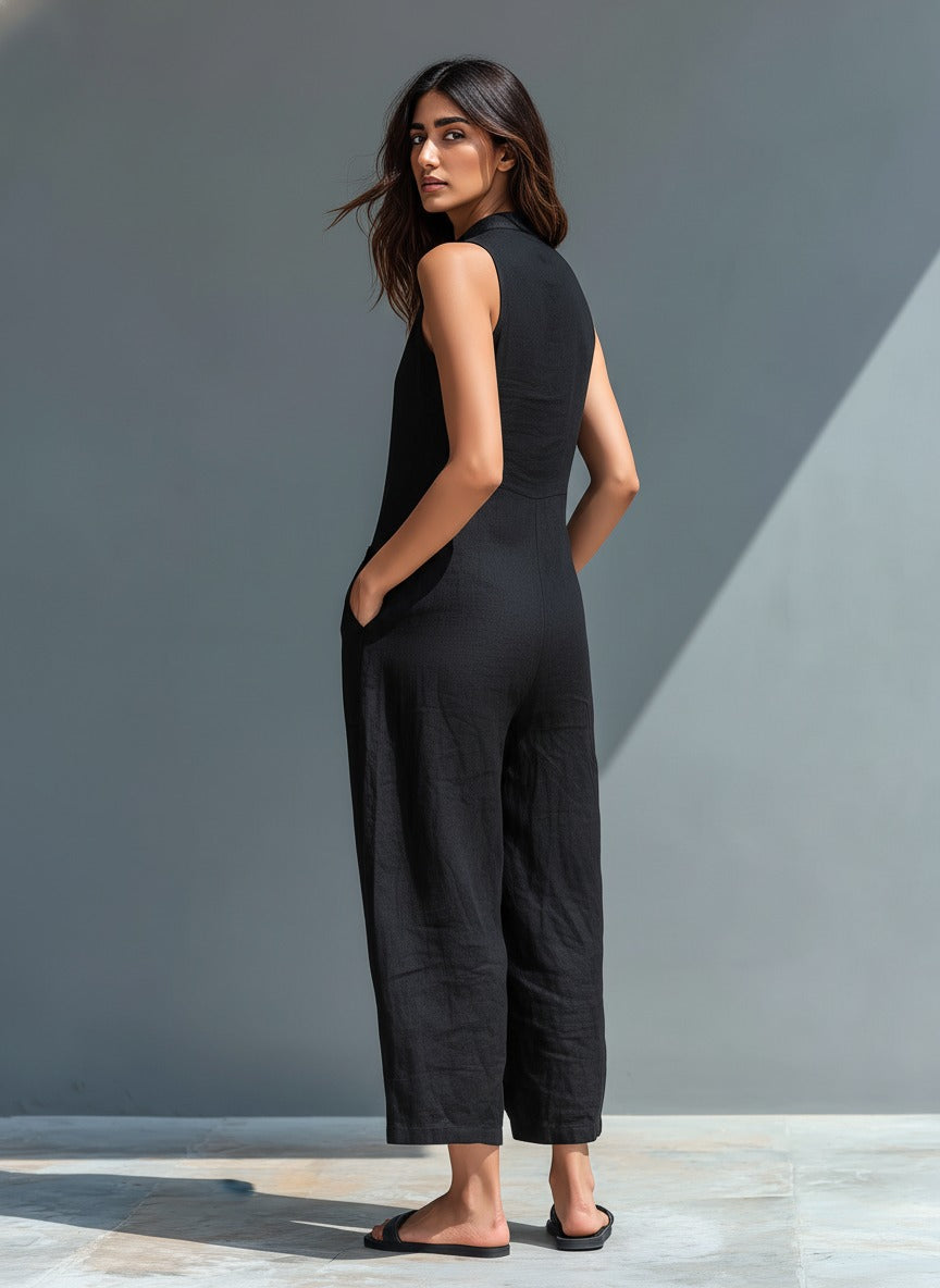 Women's Sleeveless Linen Jumpsuit with Band Collar