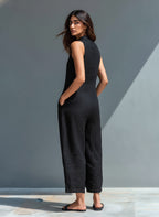 Women's Sleeveless Linen Jumpsuit with Band Collar