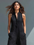 Women's Sleeveless Linen Jumpsuit with Band Collar