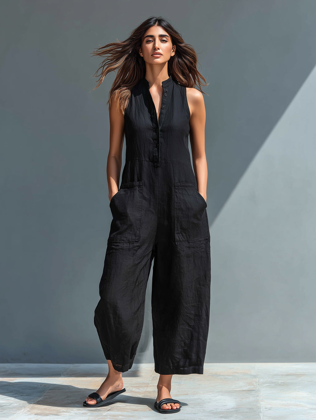 Women's Sleeveless Linen Jumpsuit with Band Collar
