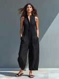 Women's Sleeveless Linen Jumpsuit with Band Collar