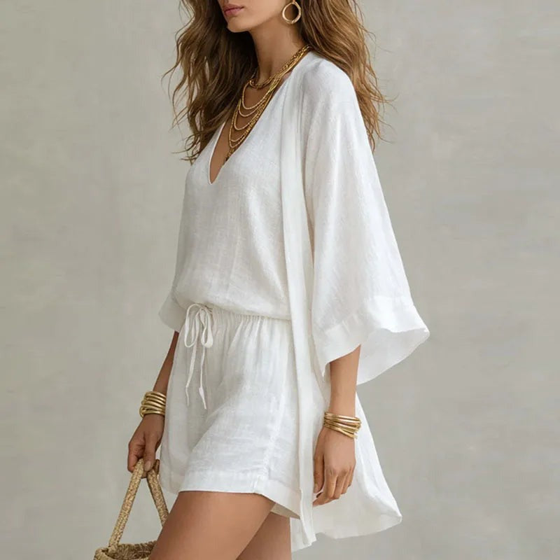 Women's Linen Three-Piece Co-Ord Set with Drawstring Shorts