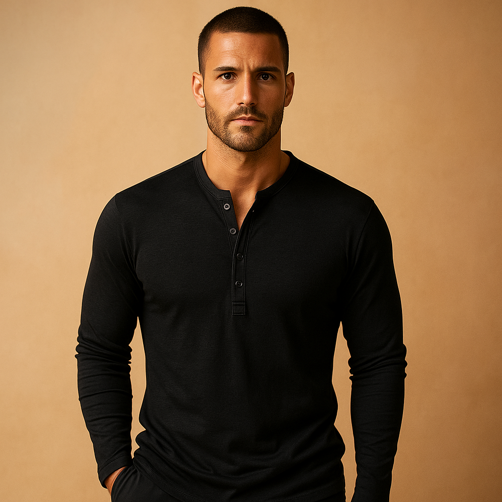 Men's Long-Sleeve Button-Up Shirt with Henley Collar
