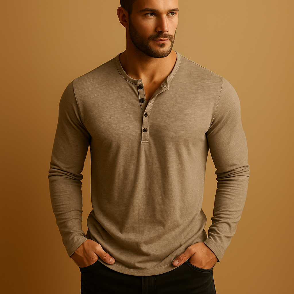 Men's Long-Sleeve Button-Up Shirt with Henley Collar