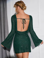 Green Mini Dress with Open Back and Bell Sleeves