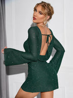 Green Mini Dress with Open Back and Bell Sleeves