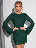 Green Mini Dress with Open Back and Bell Sleeves