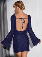 Navy Mini Dress with Open Back and Bell Sleeves