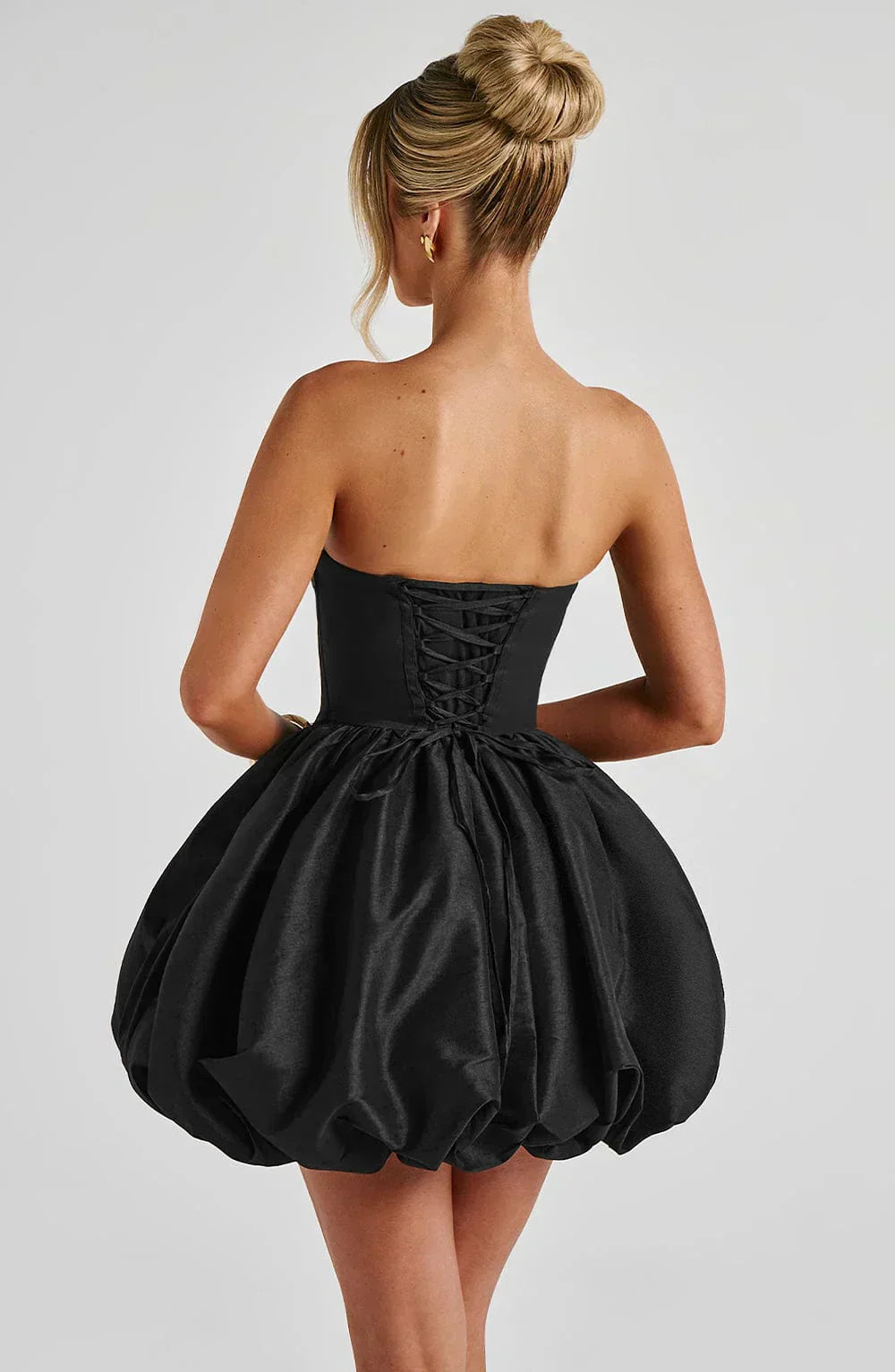 Black Strapless Mini Dress with Puff Ball Skirt