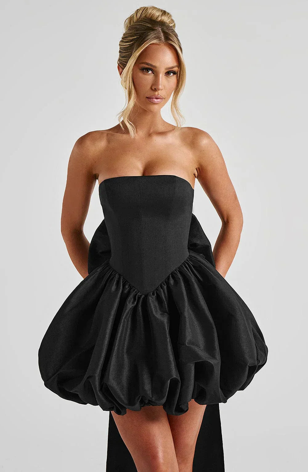 Black Strapless Mini Dress with Puff Ball Skirt