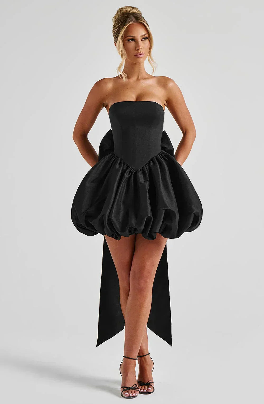 Black Strapless Mini Dress with Puff Ball Skirt
