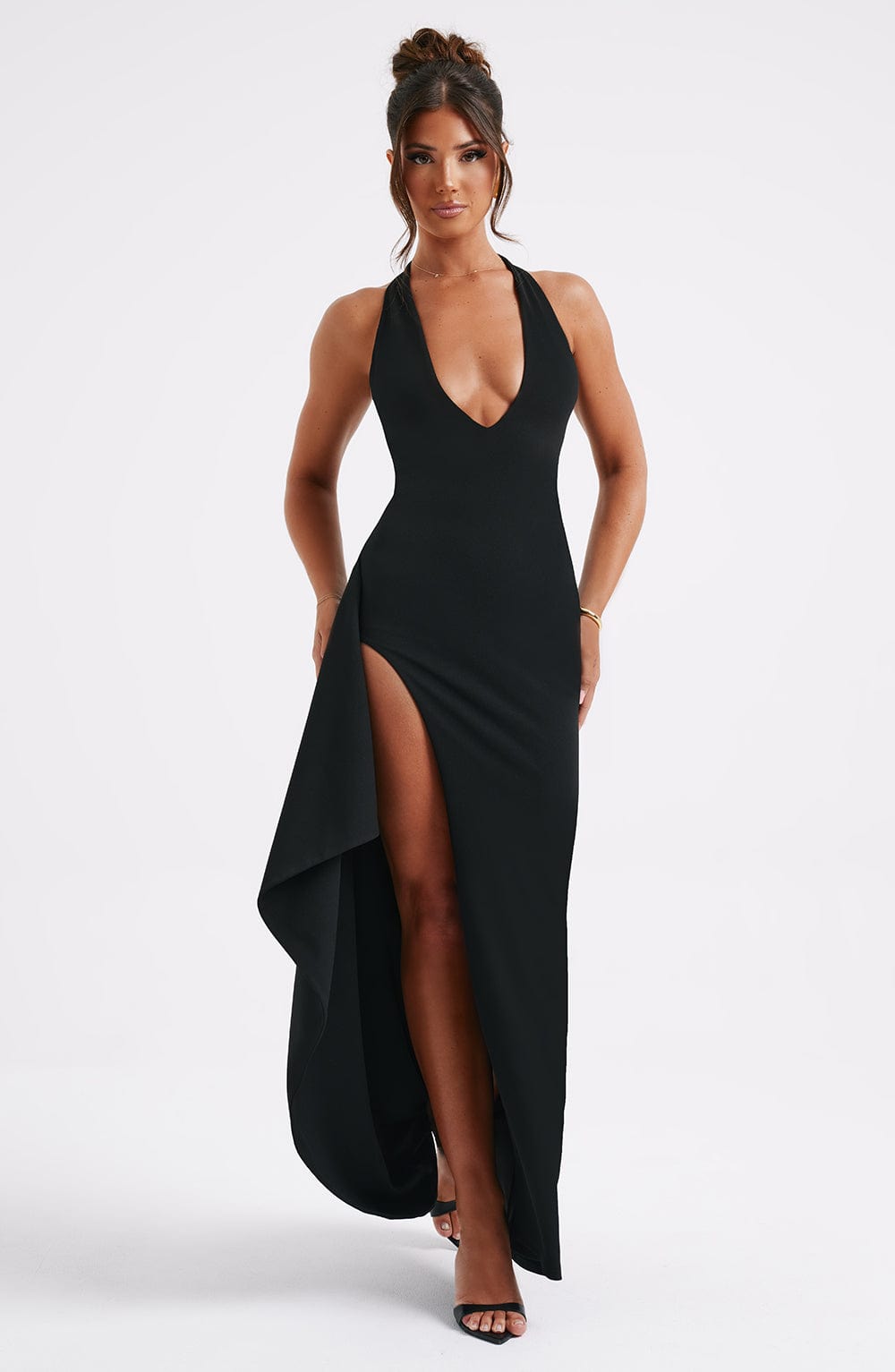 Black V Neck Halterneck Maxi Dress with Split