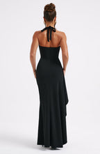 Black V Neck Halterneck Maxi Dress with Split