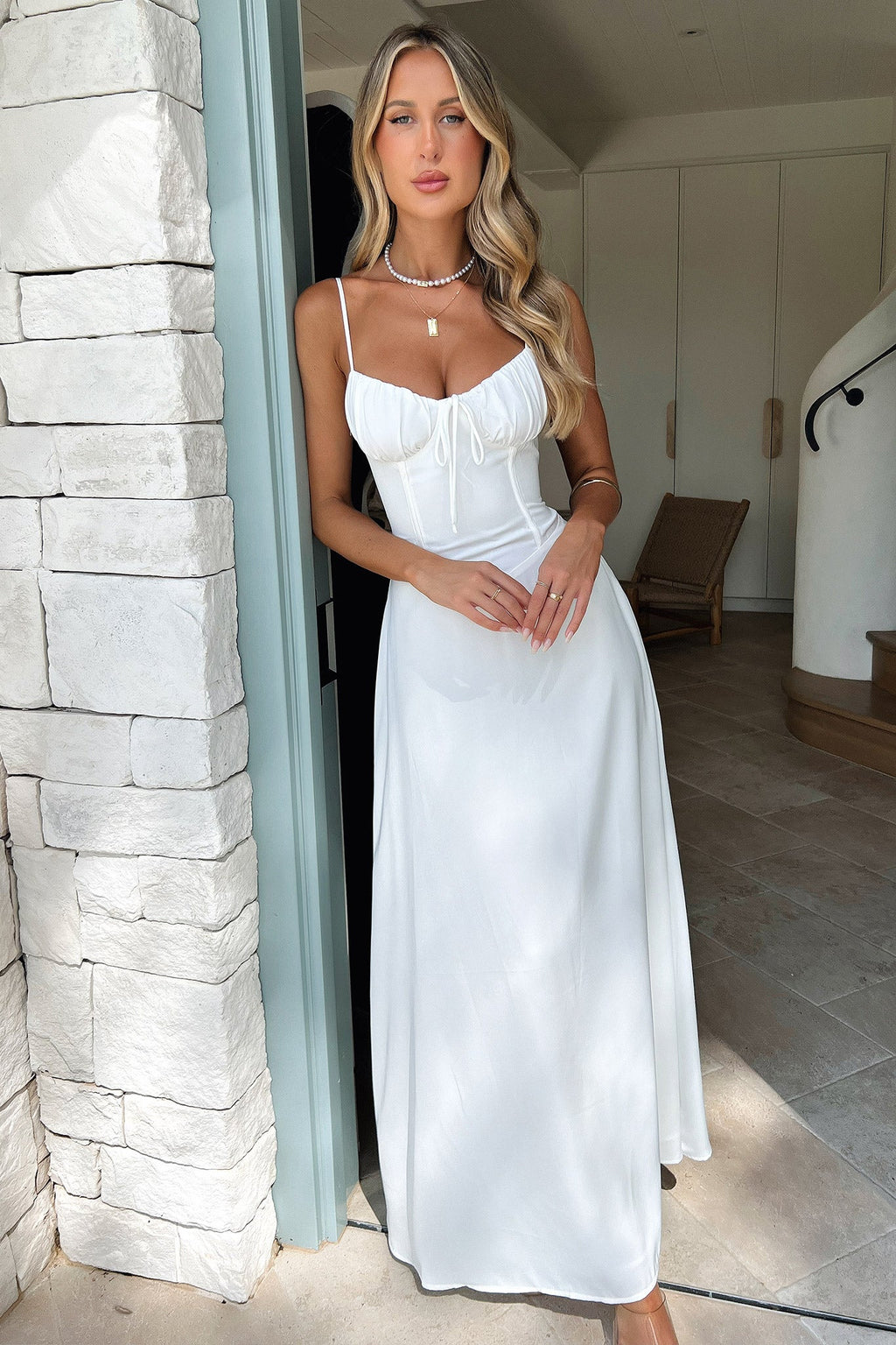 White Floral Lace Maxi Dress with Long Sleeves