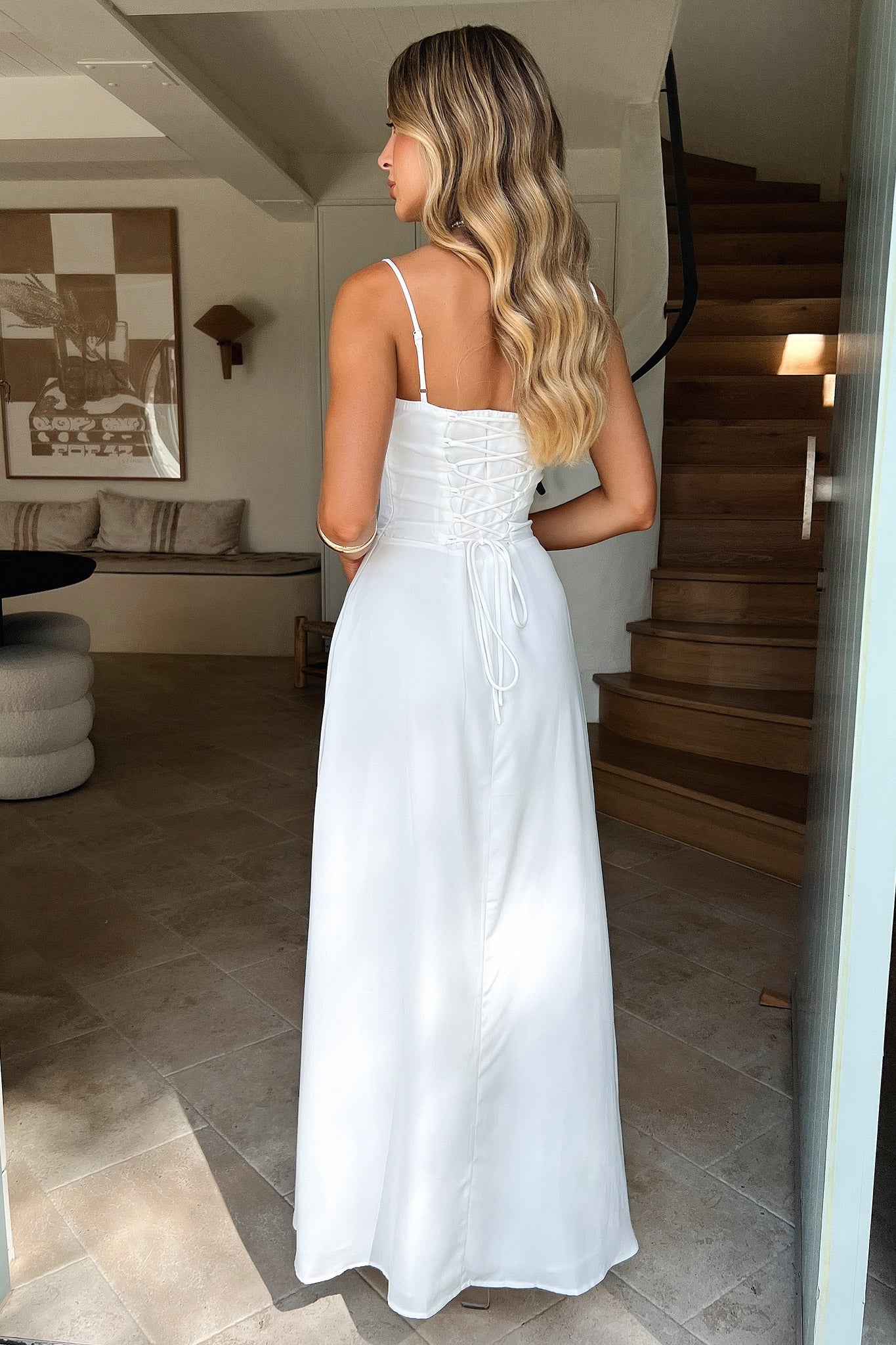 White Floral Lace Maxi Dress with Long Sleeves
