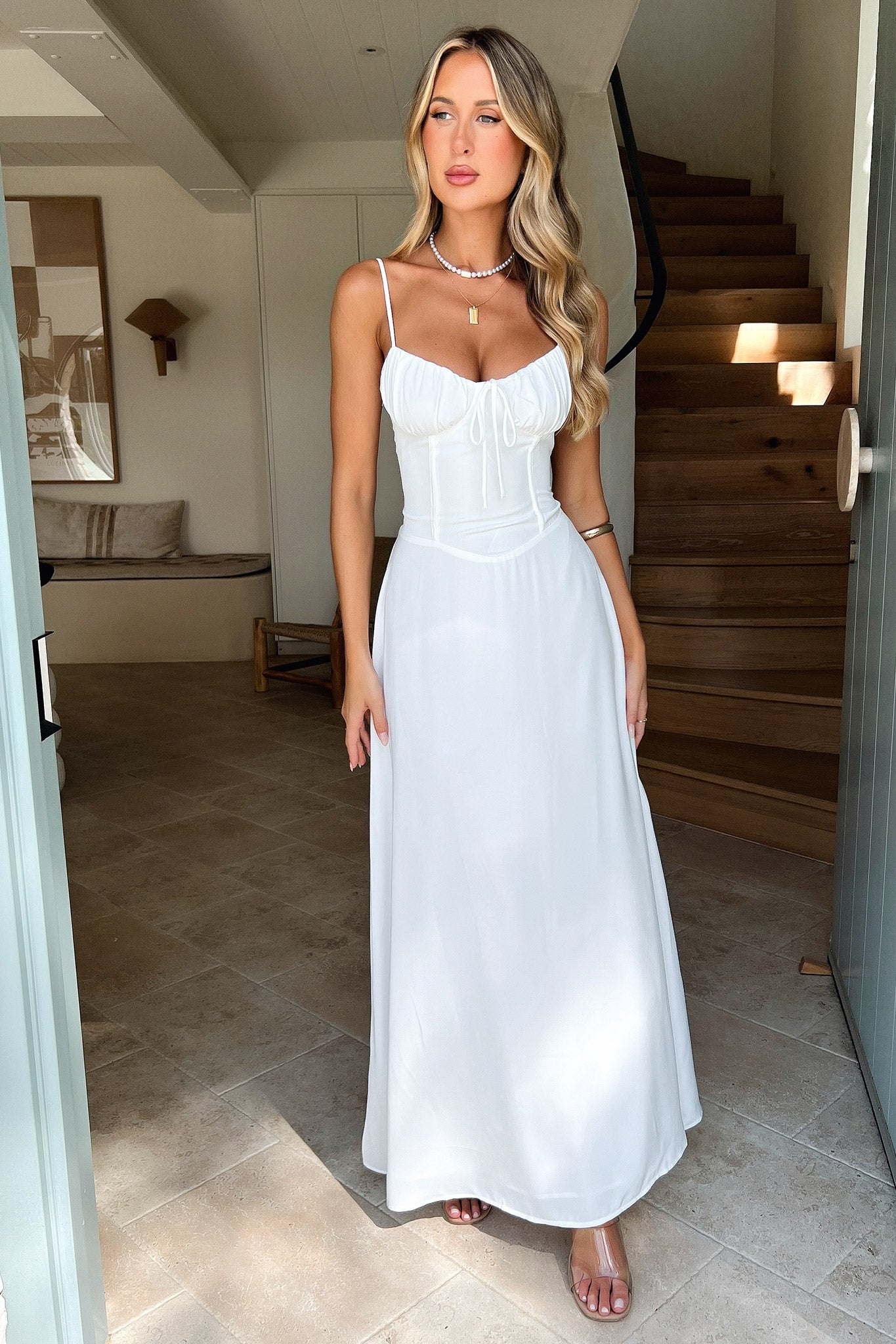 White Floral Lace Maxi Dress with Long Sleeves