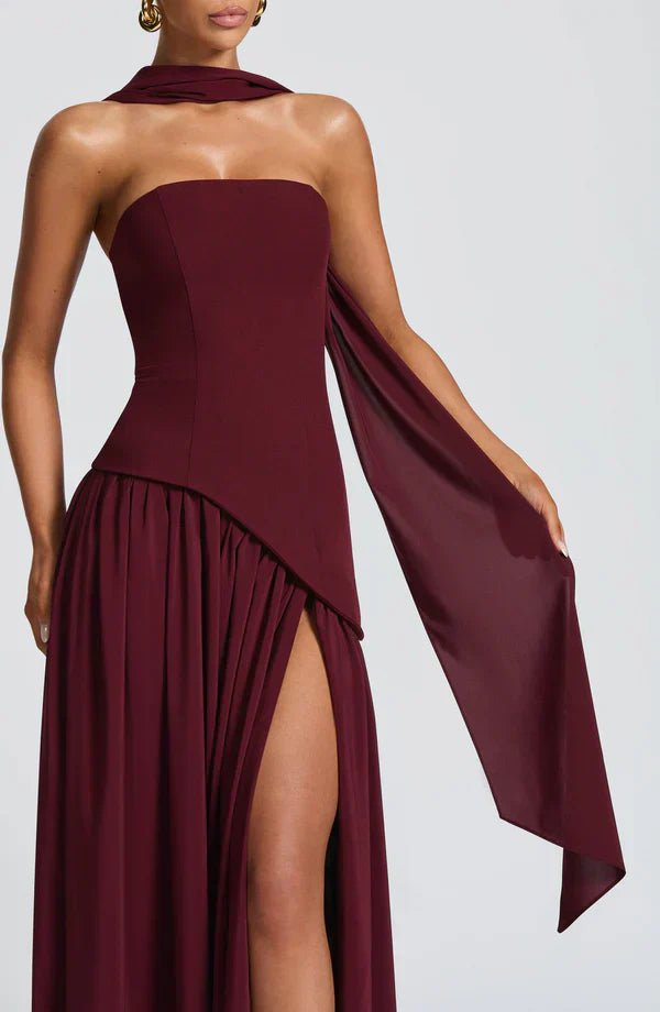 Red Maxi Dress with Chiffon Skirt and Split