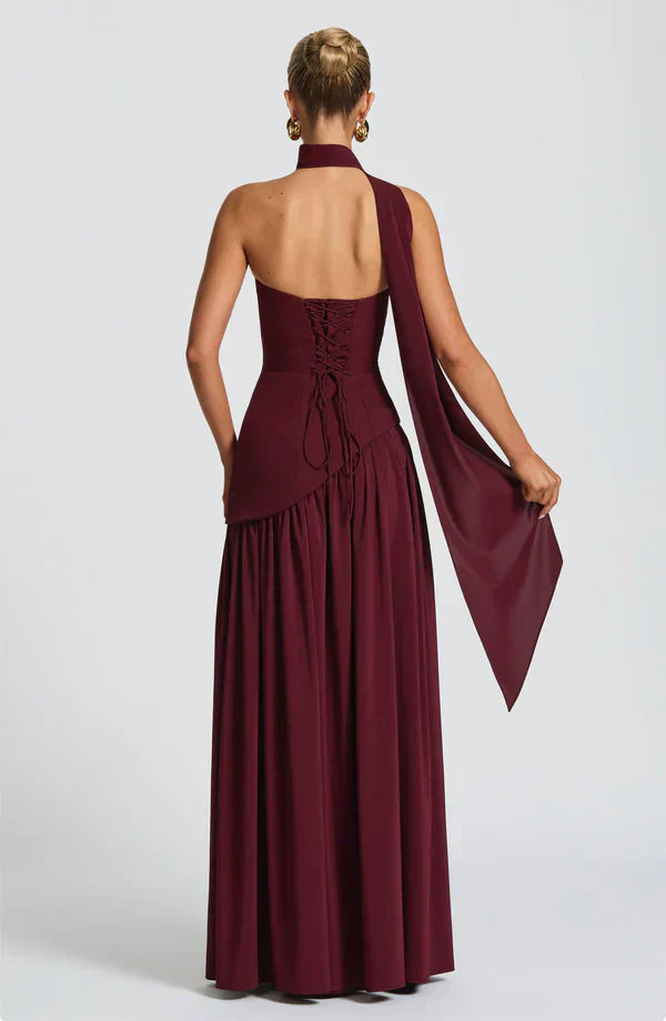 Red Maxi Dress with Chiffon Skirt and Split