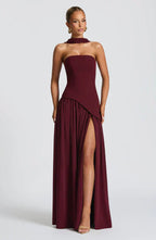 Red Maxi Dress with Chiffon Skirt and Split