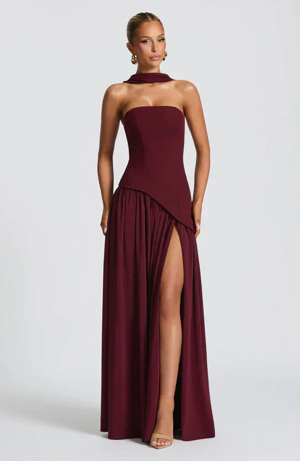 Red Maxi Dress with Chiffon Skirt and Split