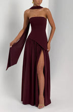 Red Maxi Dress with Chiffon Skirt and Split
