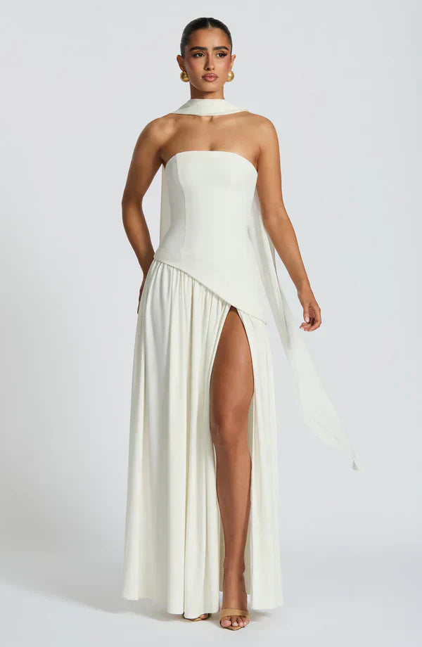 White Maxi Dress with Chiffon Skirt and Split