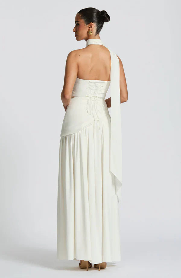 White Maxi Dress with Chiffon Skirt and Split