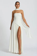 White Maxi Dress with Chiffon Skirt and Split