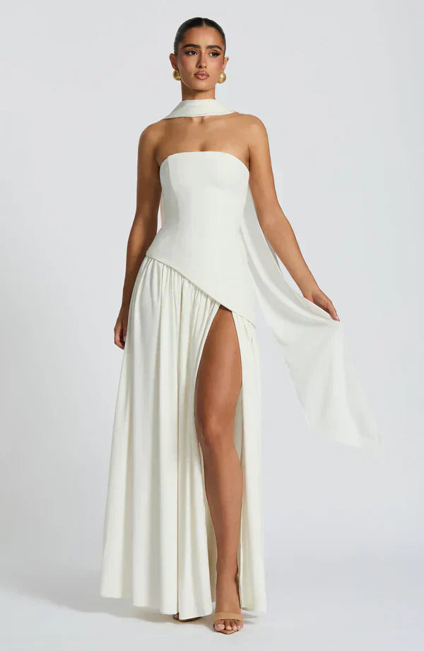 White Maxi Dress with Chiffon Skirt and Split