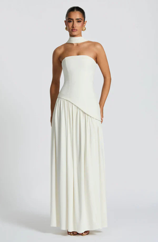 White Maxi Dress with Chiffon Skirt and Split