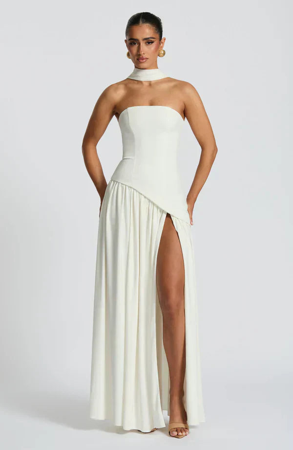 White Maxi Dress with Chiffon Skirt and Split
