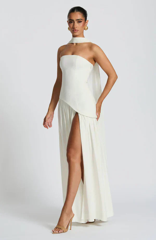 White Maxi Dress with Chiffon Skirt and Split