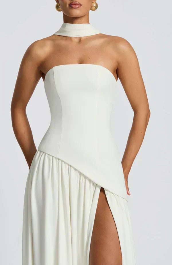 White Maxi Dress with Chiffon Skirt and Split