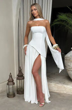 White Maxi Dress with Chiffon Skirt and Split