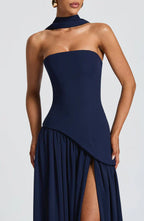 Navy Maxi Dress with Chiffon Skirt and Split