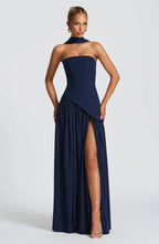 Navy Maxi Dress with Chiffon Skirt and Split